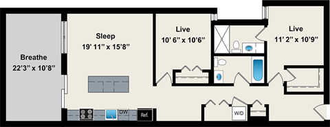 A floor plan of a house with a Breathe room, a Sleep room, and two Live rooms.