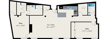 A floor plan of a room with three sleeping areas and a live/dine space.