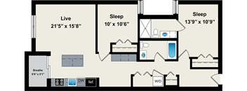 A floor plan of a two bedroom apartment with a living area of 21 feet by 15 feet.