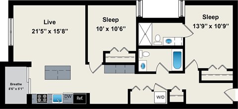 A floor plan of a two bedroom apartment with a living area of 21 feet by 15 feet.