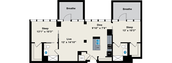 A floor plan of a small apartment with a living area, a dining area, and two bedrooms.