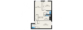 A floor plan of a house with a living room, two bedrooms, a study/dining room, and a kitchen.