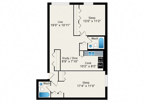 A floor plan of a house with a living room, two bedrooms, a study/dining room, and a kitchen.