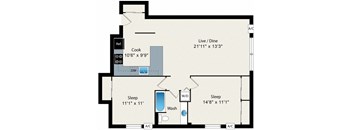 A floor plan of a house with a kitchen, two bathrooms, and two bedrooms.