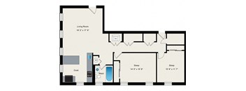 A floor plan of a small apartment with a living room, two sleeping areas, a kitchen, and a washbasin.