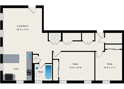 A floor plan of a small apartment with a living room, two sleeping areas, a kitchen, and a washbasin.