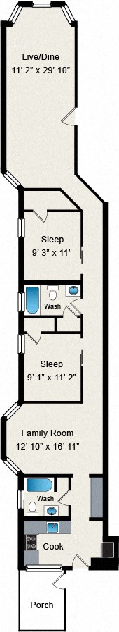 A floor plan of a house with a live/dine area, two sleeping areas, a family room, a kitchen, and a porch.