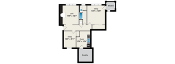 A floor plan of a small apartment with a living area, kitchen, and two bedrooms.