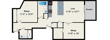 A floor plan shows three bedrooms, a living area, and a bathroom.