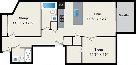 A floor plan shows three bedrooms, a living area, and a bathroom.