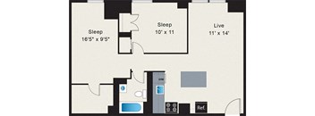 A floor plan of a room with a sleeping area and a live area.