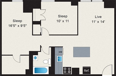 A floor plan of a room with a sleeping area and a live area.