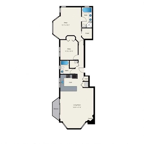 A floor plan of an apartment with a living room, two bedrooms, a bathroom, and a kitchen.
