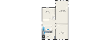 A floor plan of a small apartment with two sleeping areas, a cooking area, and a living/dining area.