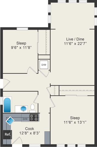 A floor plan of a small apartment with two sleeping areas, a cooking area, and a living/dining area.