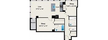 A floor plan of a small apartment with a living room, sleeping area, and a bathroom.