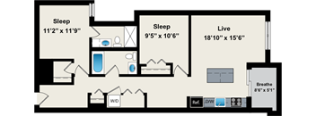 A floor plan of a house with two bedrooms, a living room, a bathroom, and a kitchen.