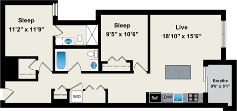 A floor plan of a house with two bedrooms, a living room, a bathroom, and a kitchen.