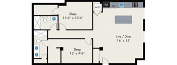 A floor plan of a room with two sleeping areas and a combined living and dining area.
