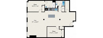A floor plan of a house with two bedrooms, a living room, a bathroom, a kitchen, and a laundry room.