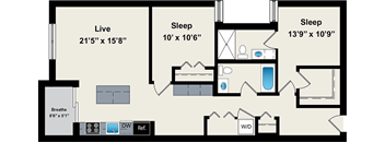 A floor plan of a small apartment with a living area, two bedrooms, and a bathroom.