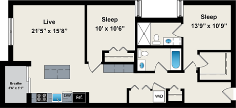 A floor plan of a small apartment with a living area, two bedrooms, and a bathroom.