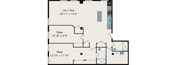 A floor plan of a house with three bedrooms and a live/dine area.