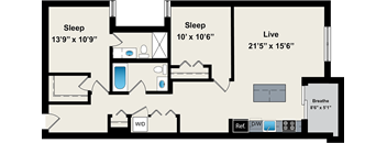 A floor plan of a house with two bedrooms, a living room, a bathroom, and a kitchen.