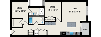 A diagram of a house layout with two bedrooms, a living room, a bathroom, and a kitchen.