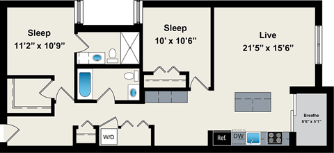 A diagram of a house layout with two bedrooms, a living room, a bathroom, and a kitchen.