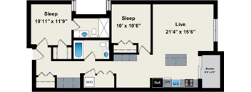 A floor plan of a house with two bedrooms, a living room, a bathroom, and a kitchen.