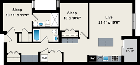 A floor plan of a house with two bedrooms, a living room, a bathroom, and a kitchen.