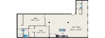 A floor plan of a house with two bedrooms, a living room, and a kitchen.