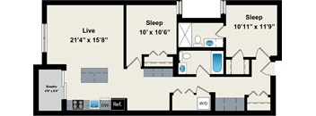 A floor plan of a house with two bedrooms, a living room, and a bathroom.