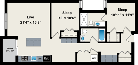 A floor plan of a house with two bedrooms, a living room, and a bathroom.