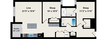 A floor plan of a house with a live room, two sleeping areas, a bathroom, and a kitchen.