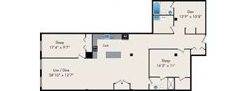 A floor plan of a house with a den, two bedrooms, a living room, and a kitchen.