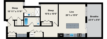 A floor plan of a house with three bedrooms, a living room, a bathroom, a kitchen, and a dining area.