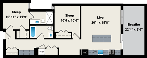 A floor plan of a house with three bedrooms, a living room, a bathroom, a kitchen, and a dining area.