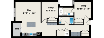 A floor plan of a house with two bedrooms, a living room, and a bathroom.