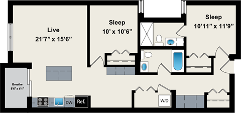 A floor plan of a house with two bedrooms, a living room, and a bathroom.