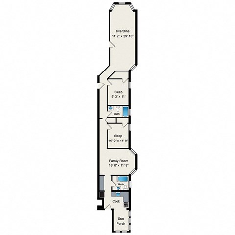 A floor plan of a house with a living/dine area, two bedrooms, a family room, a bathroom, a kitchen, and a sun porch.