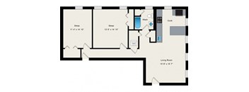 A floor plan of a small apartment with two bedrooms and a living room.
