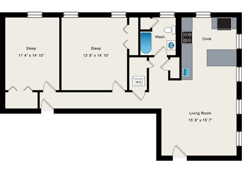 A floor plan of a small apartment with two bedrooms and a living room.