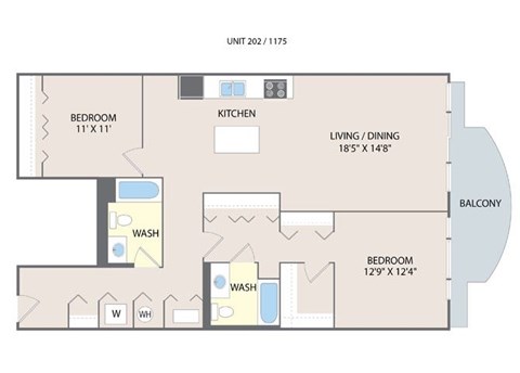 A floor plan of a living space with a kitchen, two bathrooms, and two bedrooms.