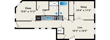 A floor plan of a room with sleeping and living areas.