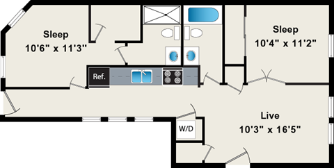 A floor plan of a room with sleeping and living areas.