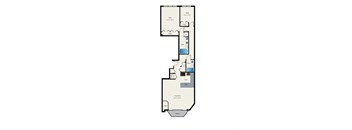 A floor plan of a house with a bedroom, bathroom, living room, and kitchen.