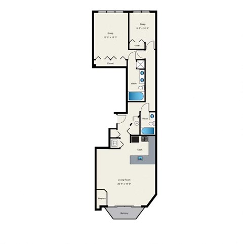 A floor plan of a house with a bedroom, bathroom, living room, and kitchen.