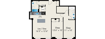 A floor plan of a house with a live/dine area, two bedrooms, a kitchen, and a bathroom.